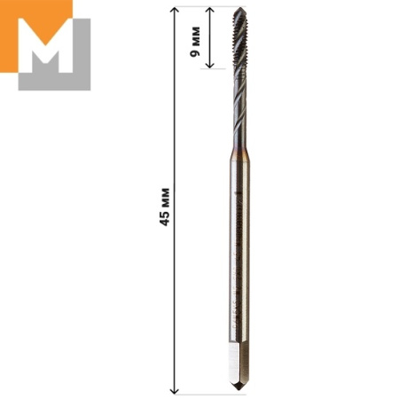 Метчик  М2.2 машинно-ручной Р6М5К5 винтовой глух. L-45, L1-9, усил.хвост 2.8. кв.2.1 TiCN угол 42°