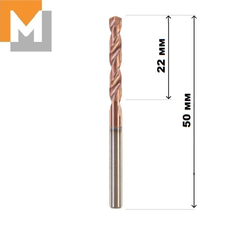 Сверло D3.3*22*3.3*50 тв.сплав TiSiN