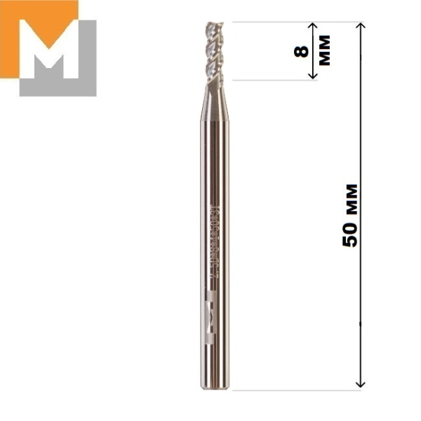 Фреза концевая  D2.5*8*D4*50*3T по Алюминию тв. Сплав
